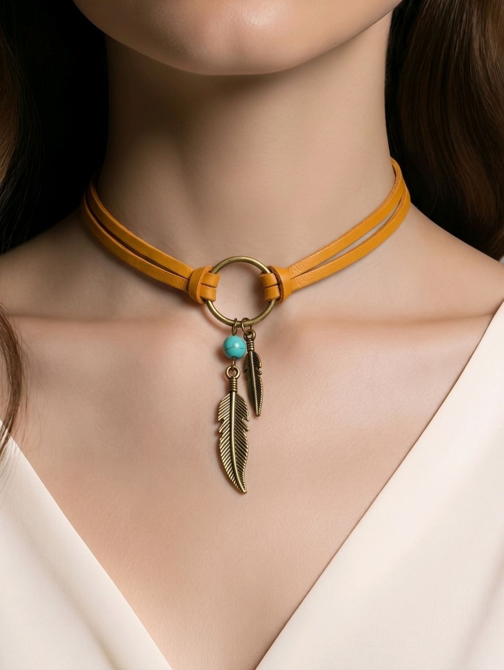 WesternāFeather Choker Necklace | Brown Suede Turquoise Boho Cowboy Style